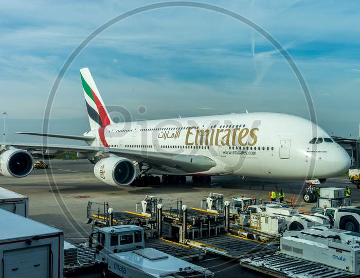 Schiphol, Amsterdam, Netherlands - 4 November 2018 : Emirates Airbus A380 Planes Waiting At The Airport Dock