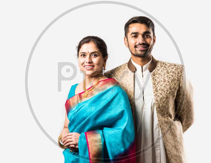 Portrait Of Asian Indian Mother Son In Traditional And Designer Festival Outfit