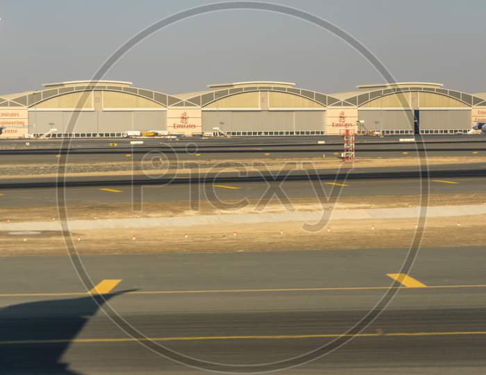 Dubai, Emirates - 18 November 2018: Emirates Plane Hangar At Airport At Dubai