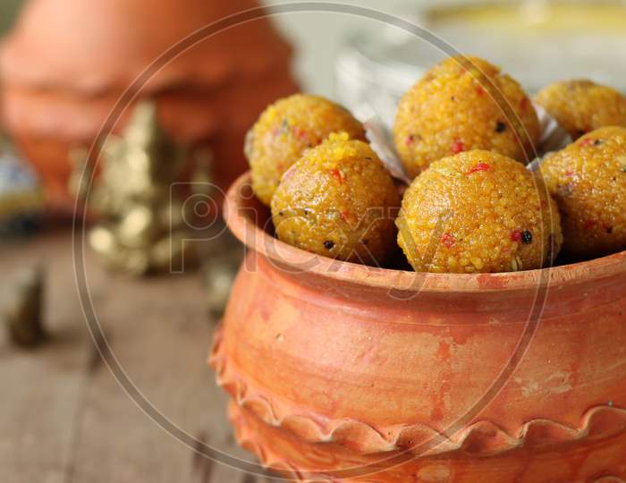 Indian sweets, Laddu, served on the occasion of Ganesh chaturthi