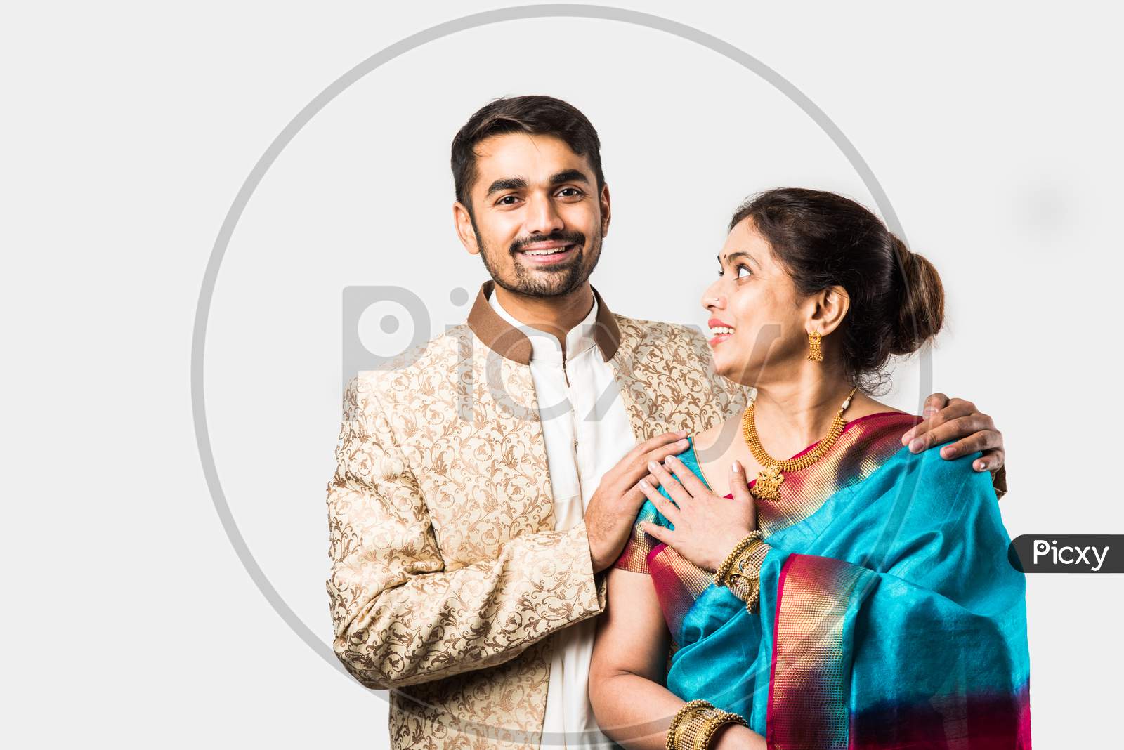 Image of Portrait Of Asian Indian Mother Son In Traditional And Designer  Festival Outfit-VO327365-Picxy