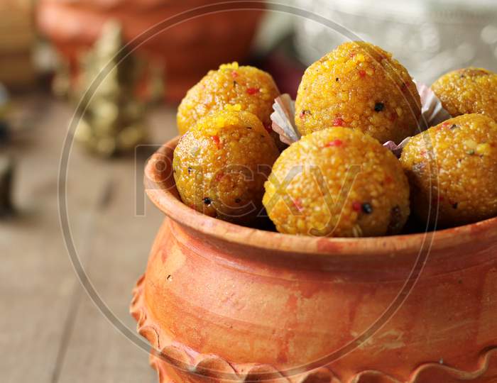 Indian sweets, Laddu, served on the occasion of Ganesh chaturthi