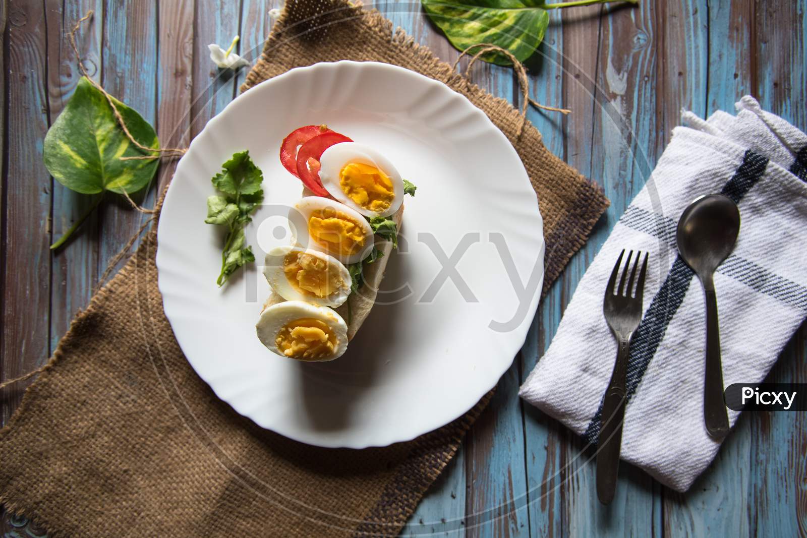 Boiled eggs on bun bread in a plate on a background