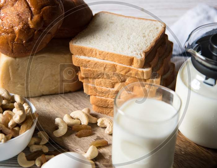 Healthy breakfast menu comprising of milk, eggs, nuts and bread
