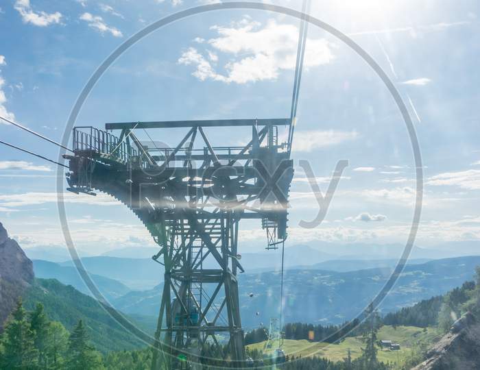 Seiser Alm, Italy - 29 June 2018: Panorama Cable Car Lift Of Seiser Alm, Alpe Di Siusi In Italy