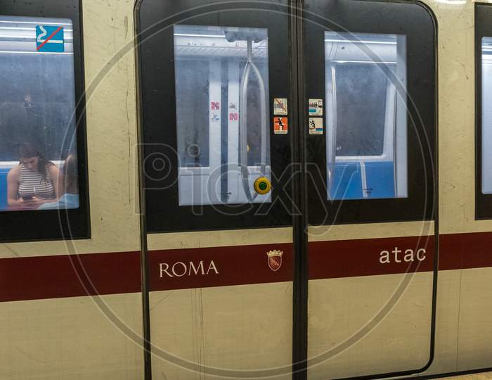 Rome, Italy - 23 June 2018: Roma Atac Metro Train Subway Station Termini In Rome,Italy