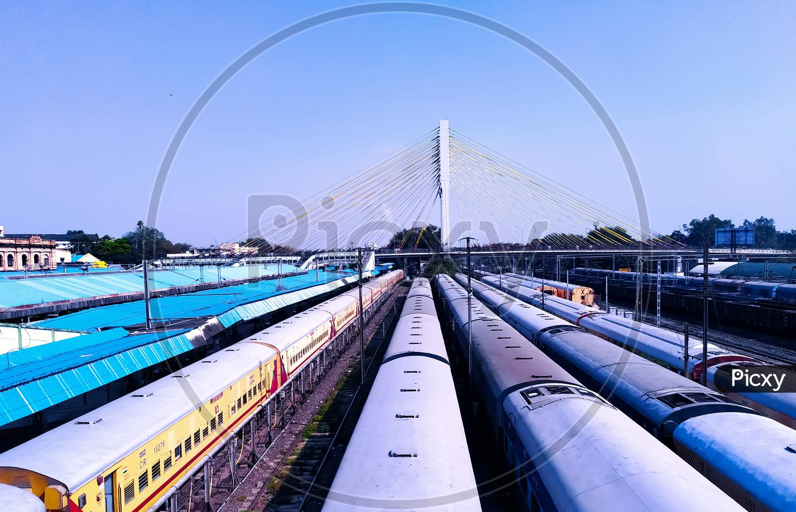 beautiful scenery of Indian trains parked at railway station due to corona virus effect on India, skyline view
