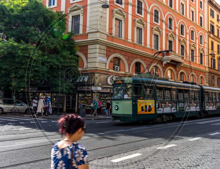 Rome, Italy - 23 June 2018: A Tram On The Tracks In Rome, Italy