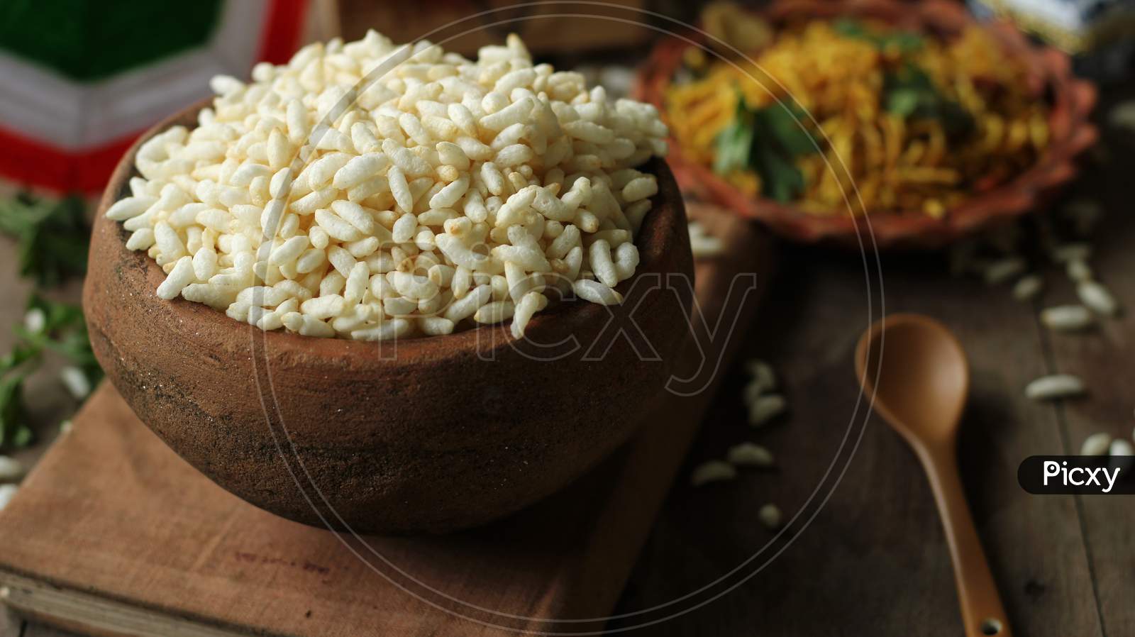 Indian evening snacks. puffed rice, served on an earthen pot