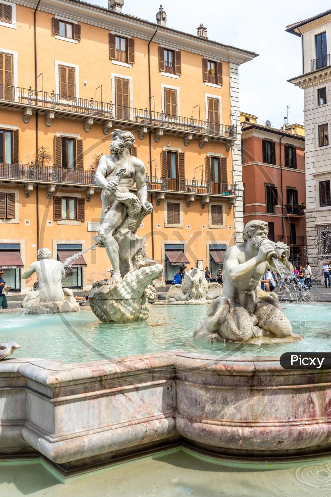 Rome, Italy - 24 June 2018: Fontana Del Moro (Moor Fountain) Is A Fountain Located At The Southern End Of The Piazza Navona In Rome, Italy