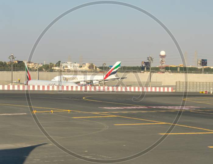 Dubai, Emirates - 18 November 2018: View Of Emirates Airplane Through A Window