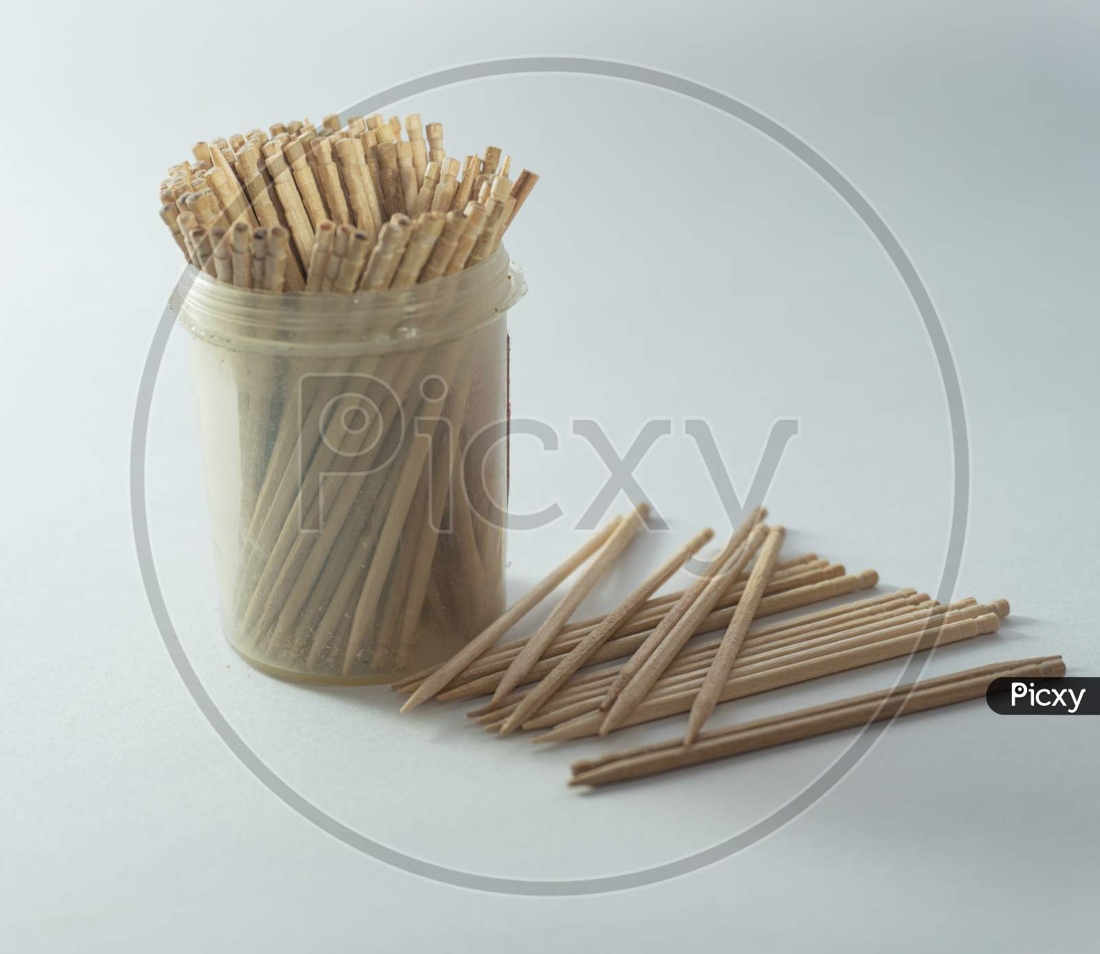 wooden toothpick  in plastic transparent box with clear background