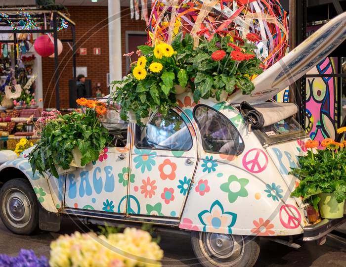 Flower Garden, Netherlands, , A Colorful Truck Is Parked On The Side Of A Flower
