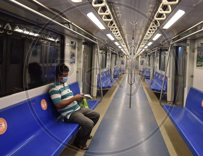 Commuters Travel In Metro Train Following Resumption Of Chennai Metro Services After Over Five Months Suspension Due To Covid-19 Outbreak, In Chennai, Tuesday, September 08, 2020.