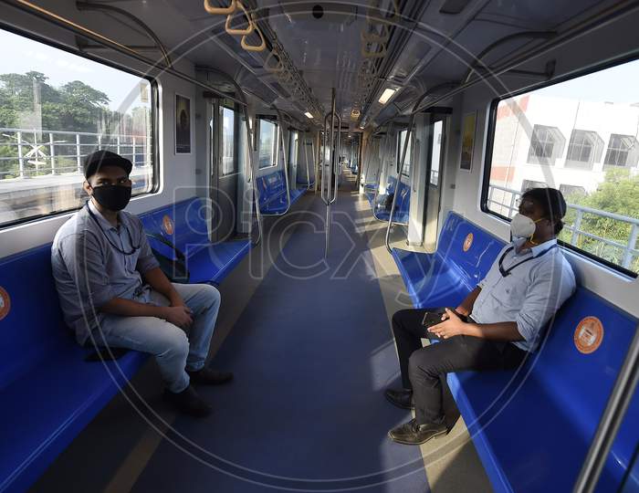 Commuters Travel In Metro Train Following Resumption Of Chennai Metro Services After Over Five Months Suspension Due To Covid-19 Outbreak, In Chennai, Teusday, Sep.8, 2020.