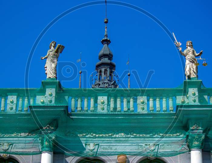 Gdansk, North Poland - August 15, 2020: Couple Of Monument Structure On Top Of Famous Polish Architecture