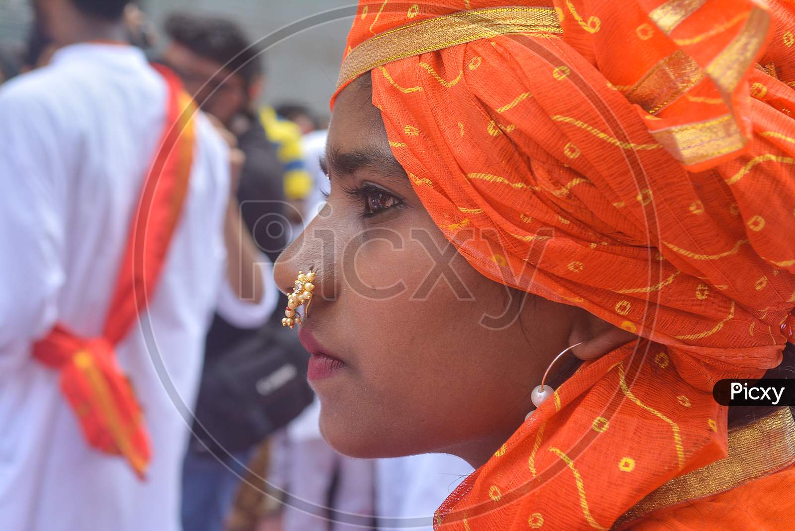 Pune, India - September 4, 2017: Closeup Of A Girl Wearing A Nath / Nose Ring With Her Traditional Ethnic Clothes. Ganpati Visarjan Celebration In Pune.