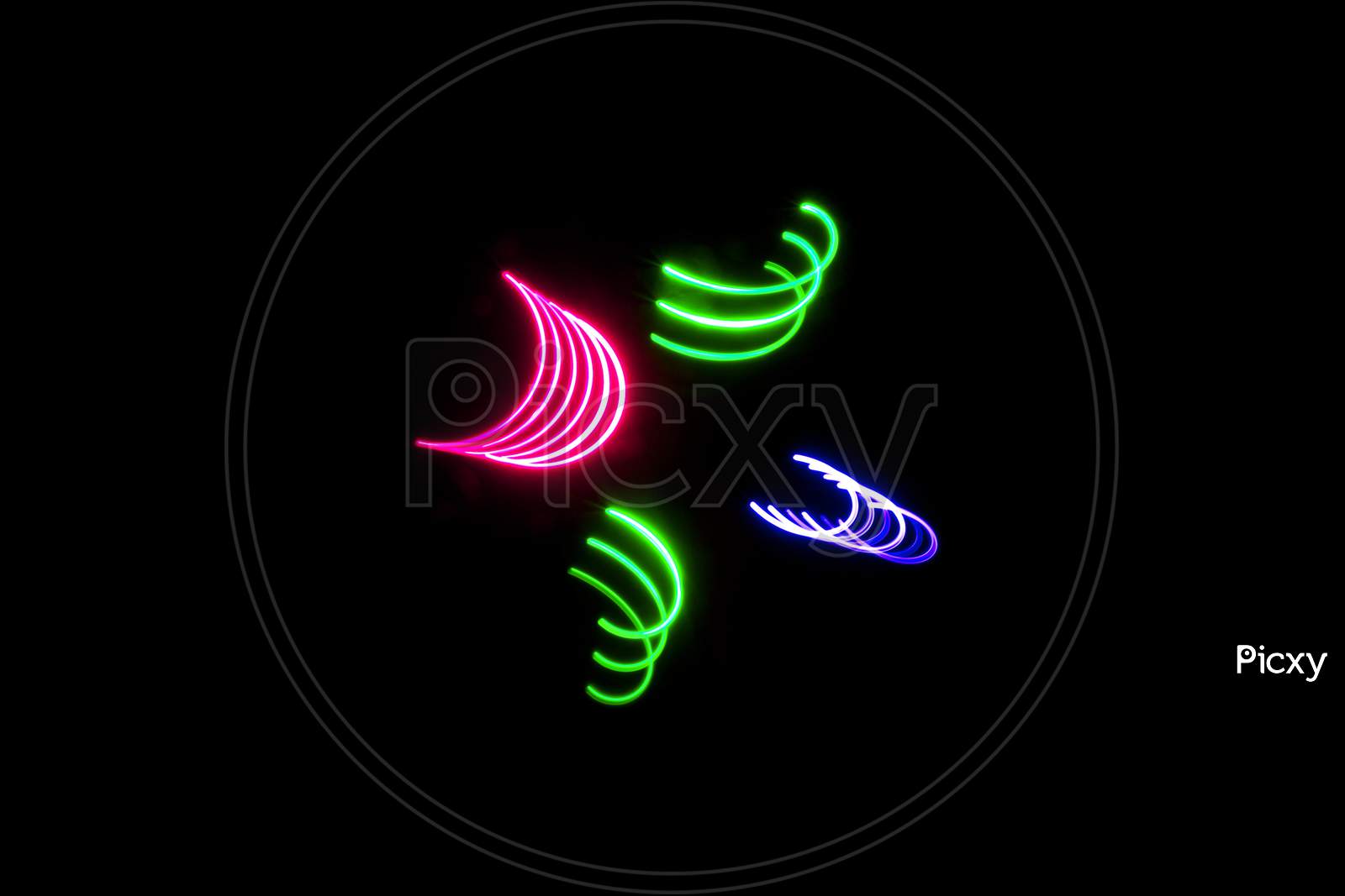 Multiple Rose Violet Green Curves Mixed Light Painting Photography, Long Exposure, Ripples And Waves Against A Black Background
