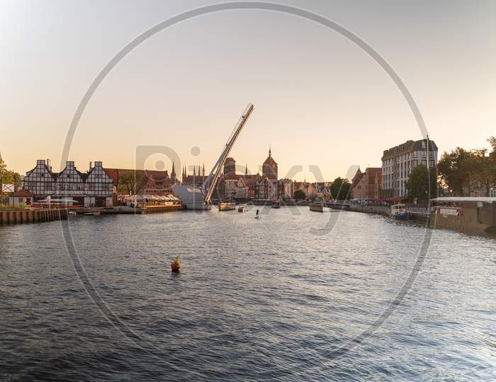 Gdansk, North Poland - August 15, 2020: Polish Architecture Over Motlawa River During Sunset