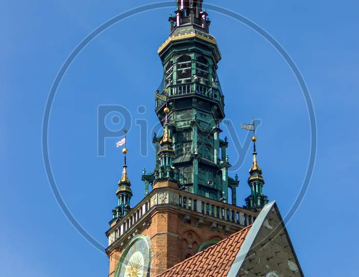 Gdansk, North Poland - August 15, 2020: Top View Of Polish Architecture Of Clock Tower Located In The Old Town In City Center