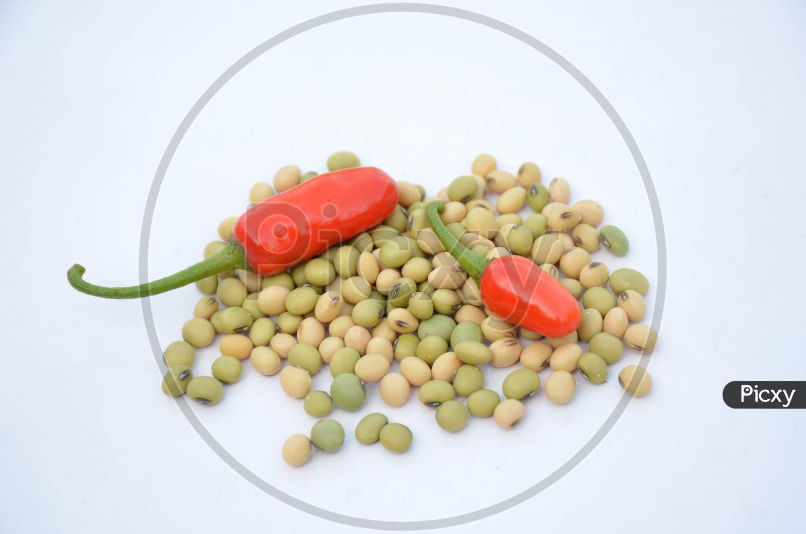 The Green Brown Soya Been Lentils With Red Chilly Isolated On White Background.