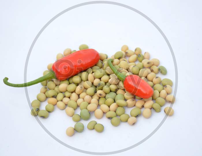 The Green Brown Soya Been Lentils With Red Chilly Isolated On White Background.
