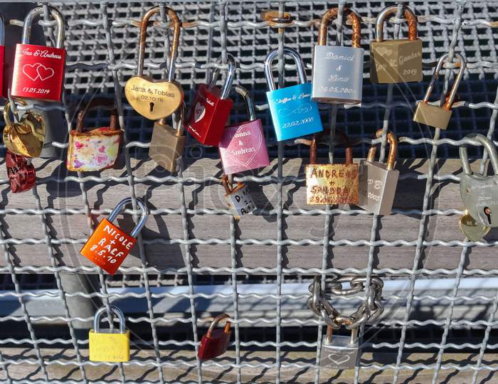 Many Love Locks Hanging At A Pier At A Baltic Sea Beach In Germany