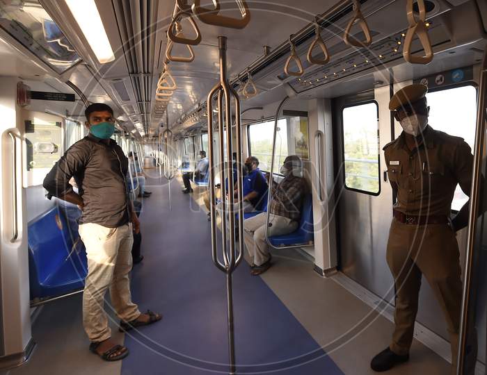 Commuters Travel In Metro Train Following Resumption Of Chennai Metro Services After Over Five Months Suspension Due To Covid-19 Outbreak, In Chennai, Tuesday, September 08, 2020.