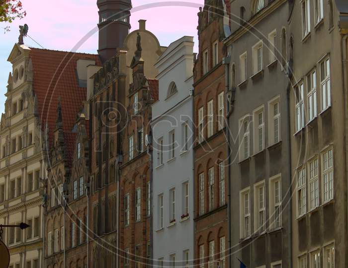 Gdansk, North Poland - August 15, 2020: Closeup Of Colorful Polish Medieval Architecture Building Built Closely Next To Each Other