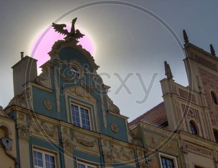 Gdansk, North Poland - August 15, 2020: Polish Architecture In The Old Town At The Famous City Center Against Sun