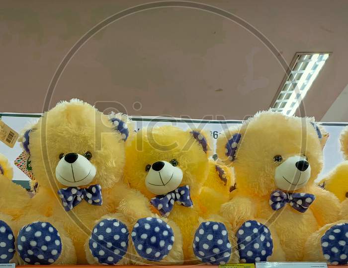 A Charming view of a Collection of Teddy Bear soft toys seen arranged aesthetically at a Kid Store in Mysuru of Karnataka state in India.