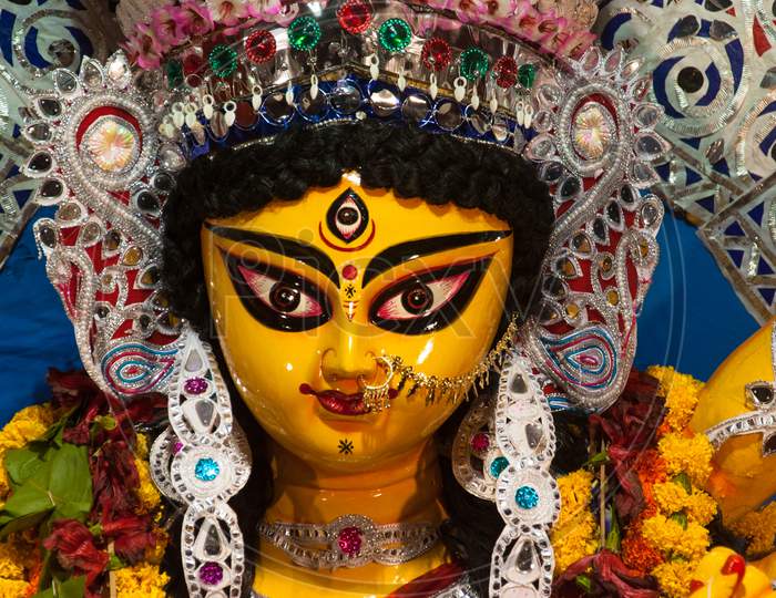 Close up of the beautiful face of Hindu Goddess Durga