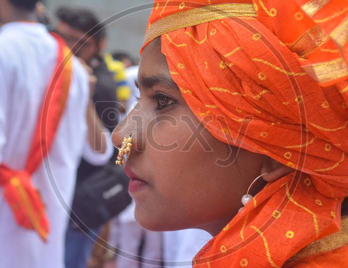 Pune, India - September 4, 2017: Closeup Of A Girl Wearing A Nath / Nose Ring With Her Traditional Ethnic Clothes. Ganpati Visarjan Celebration In Pune.