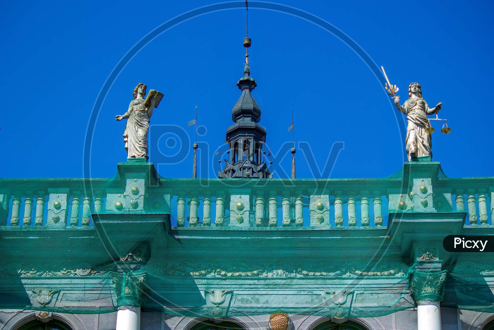 Gdansk, North Poland - August 15, 2020: Couple Of Monument Structure On Top Of Famous Polish Architecture