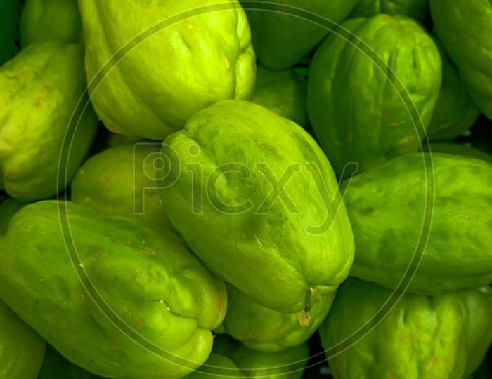 A beautiful collection of Farm fresh Chayote or Palm melon vegetable used in Indian Cooking grown in an nearby agricultural farm in   Mysuru countryside in Karnataka/India.