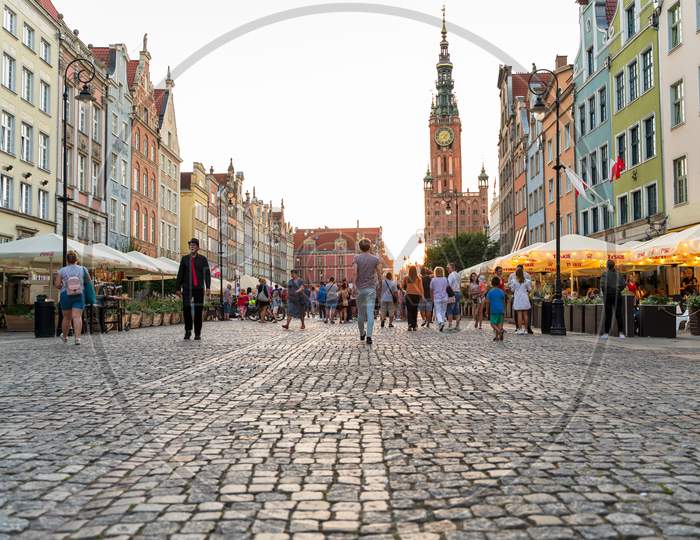 Gdansk, North Poland - August 15, 2020: People Are Walking In The City Center Main Square In The Old Town After Masks Were Not Mandatory To Wear Outdoors During Covid 19