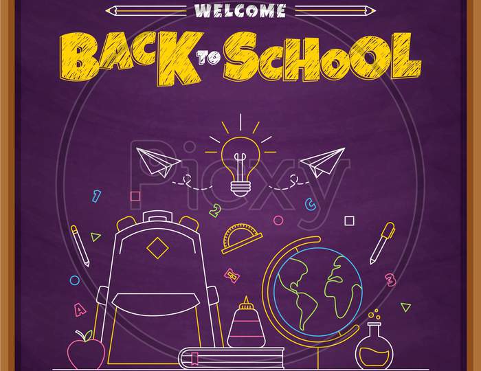 Blackboard with slogan back to school in violet background.