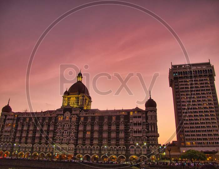 Hotel Taj at sunset with beautiful dramatic sky, Mumbai, India