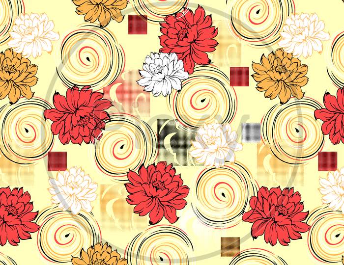 Flower And Circal Design Pattern. Creative Background For Print, Textile, Wear, Magazines, Template, Card, Poster, Brochure. Bright Colors