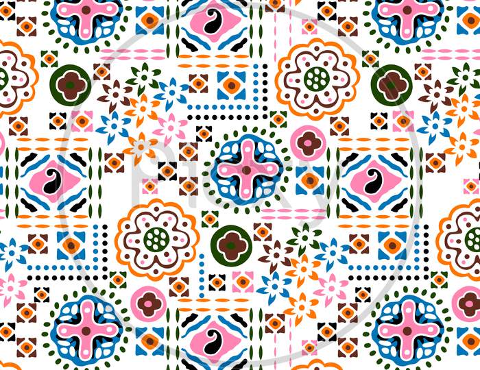 Flowers Different Types Motif Design. Creative Background For Print, Textile, Wear, Magazines, Template, Card, Poster, Brochure. Bright Colors