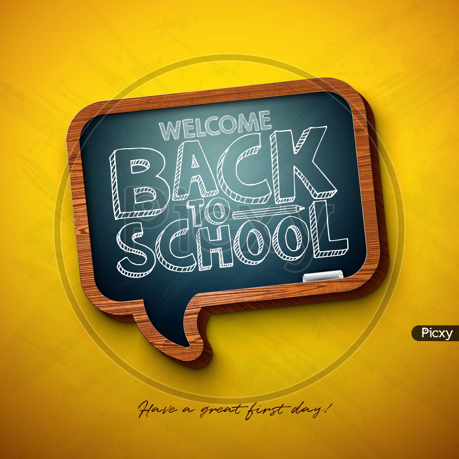 Back To School Design With Chalkboard And Typography Lettering On Yellow Background. Vector Education Concept Illustration For Greeting Card, Banner, Flyer, Invitation, Brochure Or Promotional Poster.