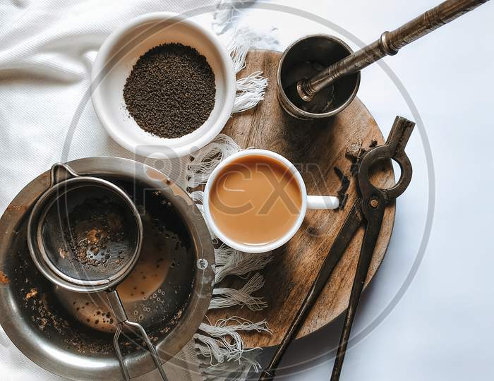Indian masala chai with ingredients, Flatlay photography