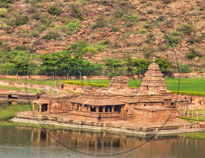 Badami Cave Temples with drmatic background, Unesco world heritage site, Karnataka, India