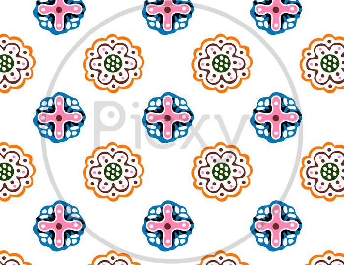 Flowers Circle Design Pattern. Creative Background For Print, Textile, Wear, Magazines, Template, Card, Poster, Brochure. Bright Colors