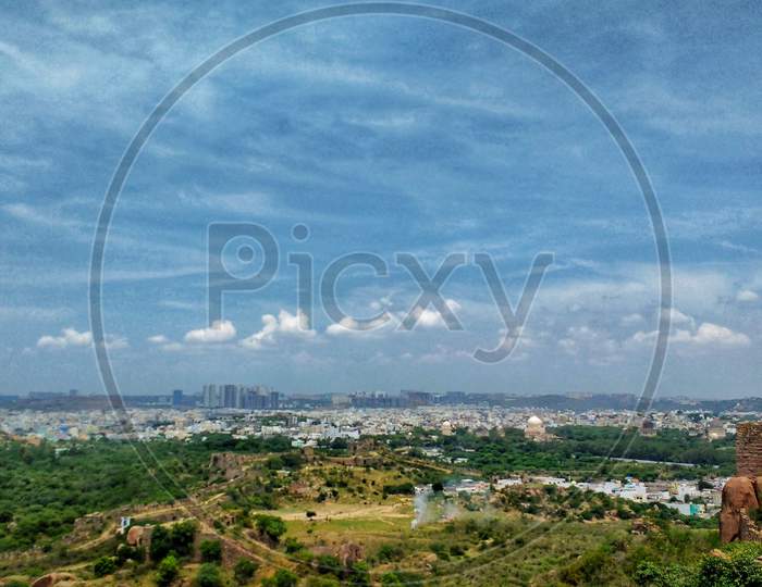 Hyderabad city view from top of the Golconda Fort