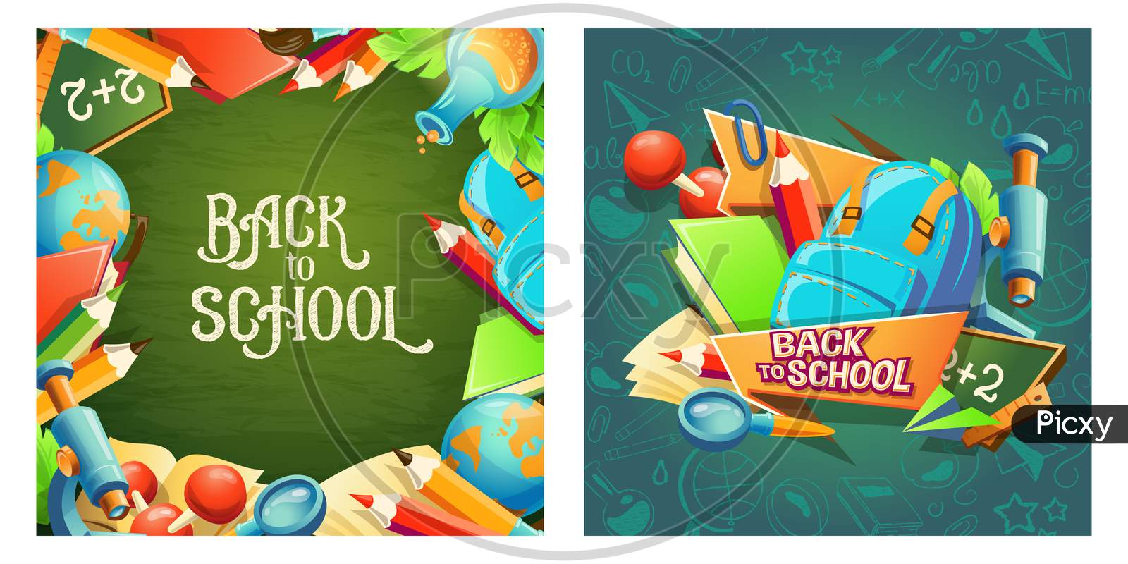 Set Of Vector Cartoon Banners With School Accessories And Inscription Back To School.