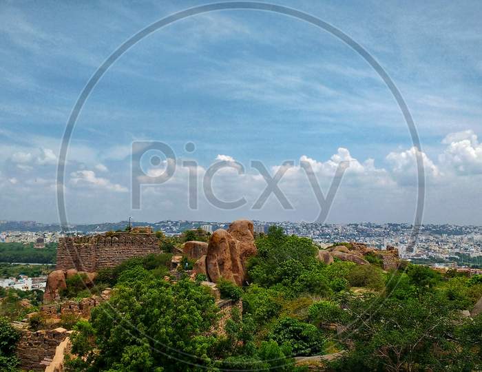 Ruins of the Golconda Fort - Hyderabad city view from top