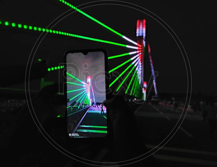Durgam Cheruvu Cable Bridge capturing image with mobile
