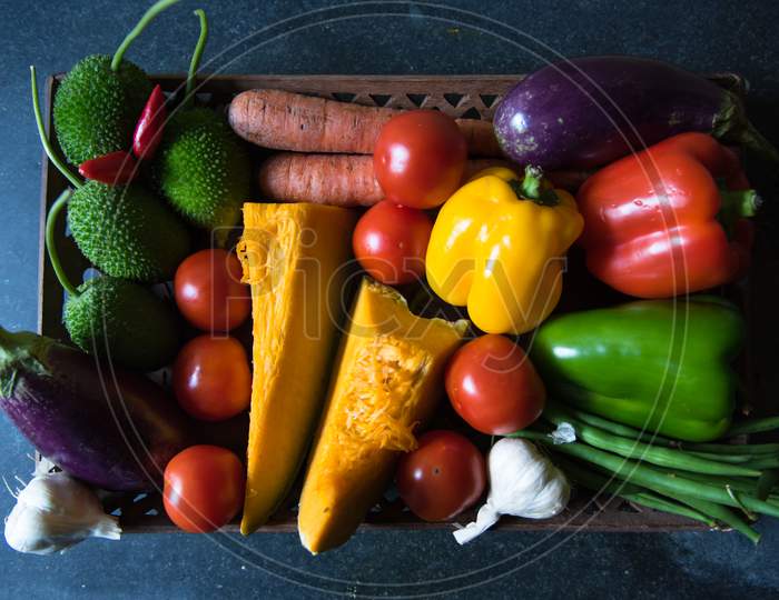 Close up of fresh vegetables in a tray
