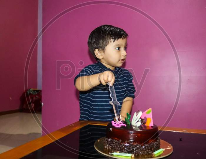 indian small cute baby boy cutting cake